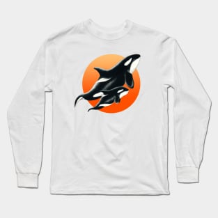 Orca Whale Mom and Baby whale Ink Art Long Sleeve T-Shirt